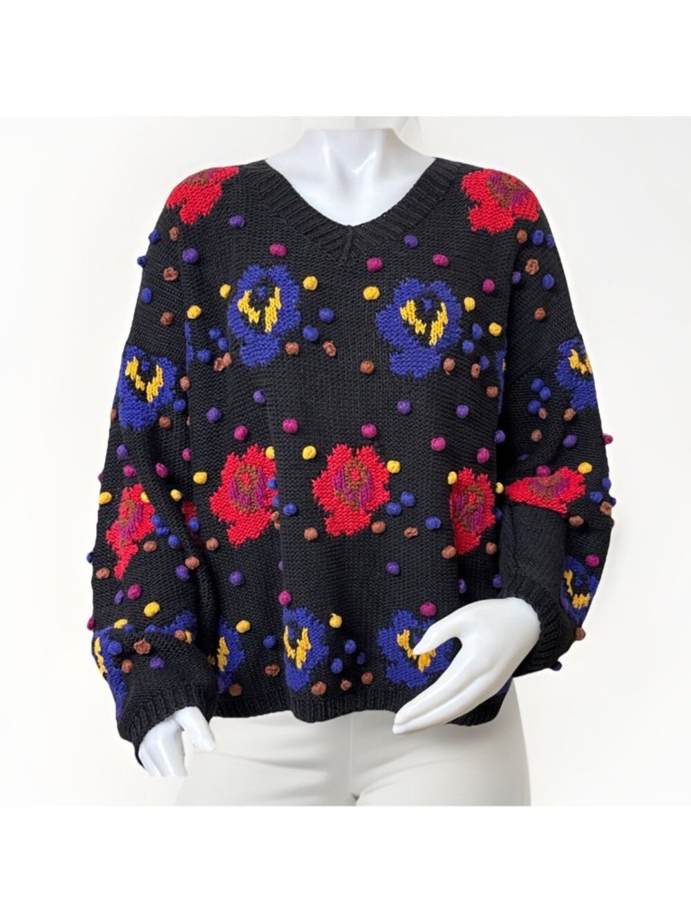 Vintage Popcorn Floral Sweater Womens M Cotton Ramie V Neck Long Sleeve Pullover